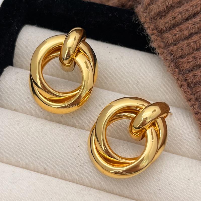 Double Layer Round Circle Dangle Earrings for Women Vintage Simple European Golden Metal Drop Earrings Geometry Zircon Gift