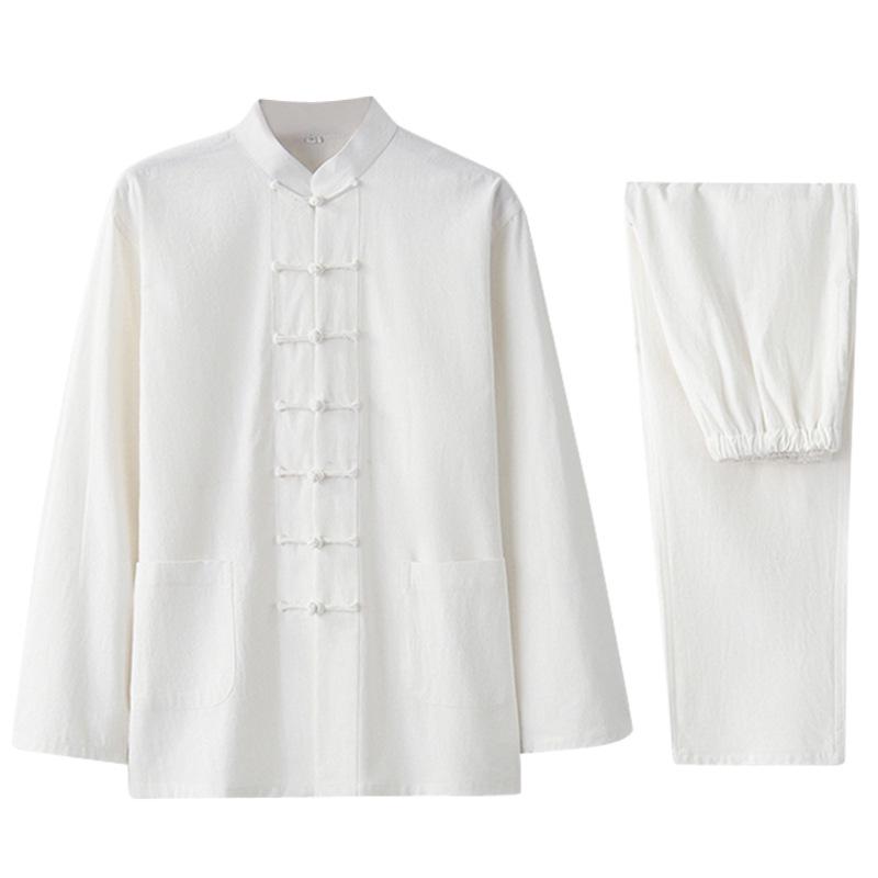 Herren Langarm Baumwolle & Leinen Tang-Anzug: Zweiteiliges Set im chinesischen Retro-Stil mit Froschknöpfen für Herbst und Frühling