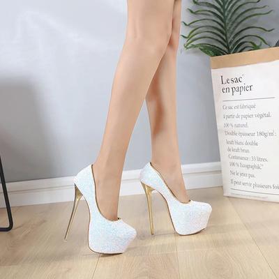 Moda Sexy Plataforma Zapatos Bajos Mujer Slip-On Bombas Punta Redonda Lentejuelas Brillantes Tacones Altos Ultrafinos Zapatos de Fiesta Boda