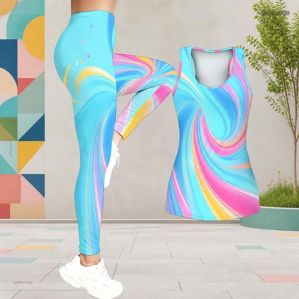 Women Plus Size Two Piece Set Scoop Neck Sleeveless Longline Tank Top Fitted Colorful Printed Pants