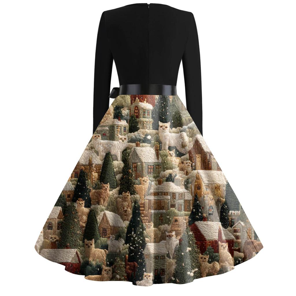Women's Fashion Round Neck Slim-Fit Christmas Print Long-Sleeved Dress