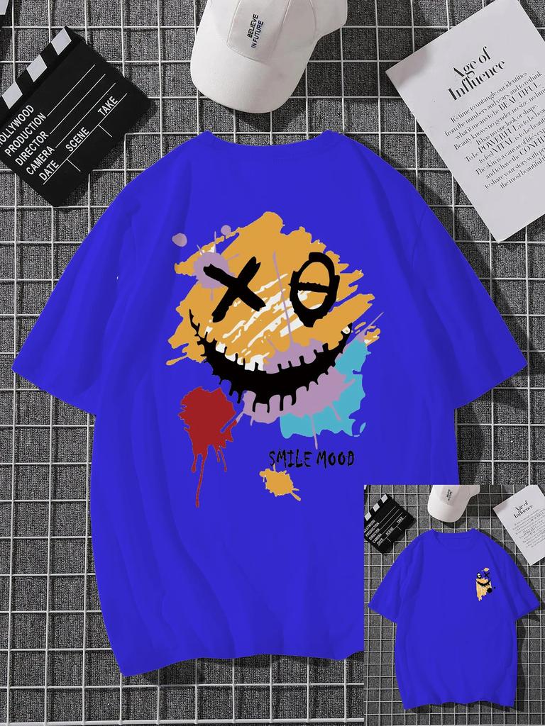 'Smile Mood' Print, Men's Casual Crew Neck Short-Sleeve  Fashion Summer T-Shirts Tops, Men's Outfits Tee,Regular Oversize Tees