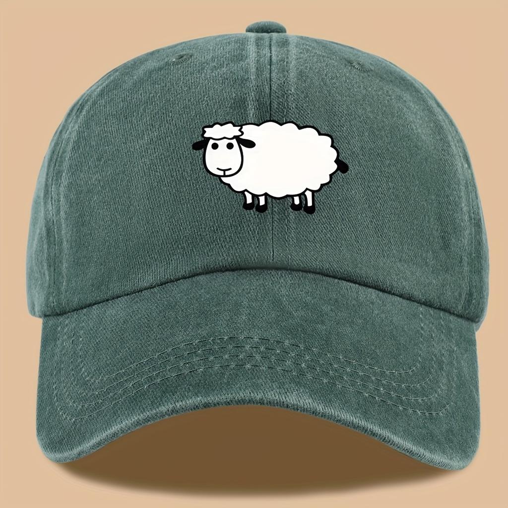 Lamb print truck cap with adjustable retro wash design suitable for outdoor activities, vacations, hiking, fishing