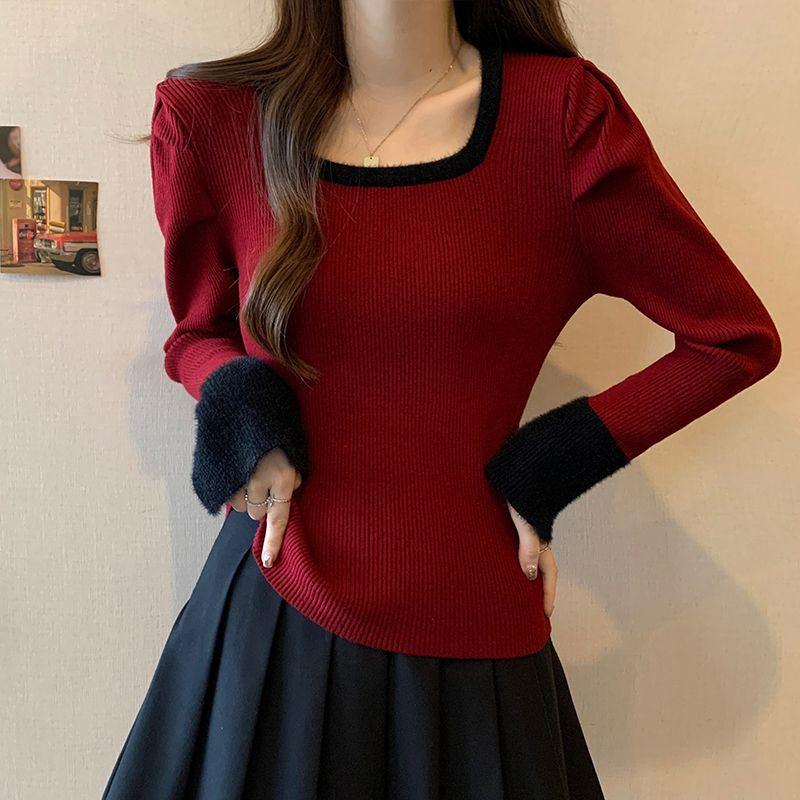 Dámský úzký pletený svetr s barevnými bloky - francouzský čtvercový výstřih, trendy krátký top na podzim/zimu