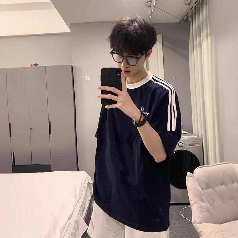 Men Summer Casual Loose Striped Printed Oversize Short Sleeve Round Collar Handsome Teenager Pullover Cotton T Shirt Top S