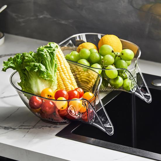 2Pcs Multifunctional Drain Basket with Drainage Spout Removable Food Grade Plastic Fruit Vegetable Drainer Washing Bowl Basin Container Kitchen