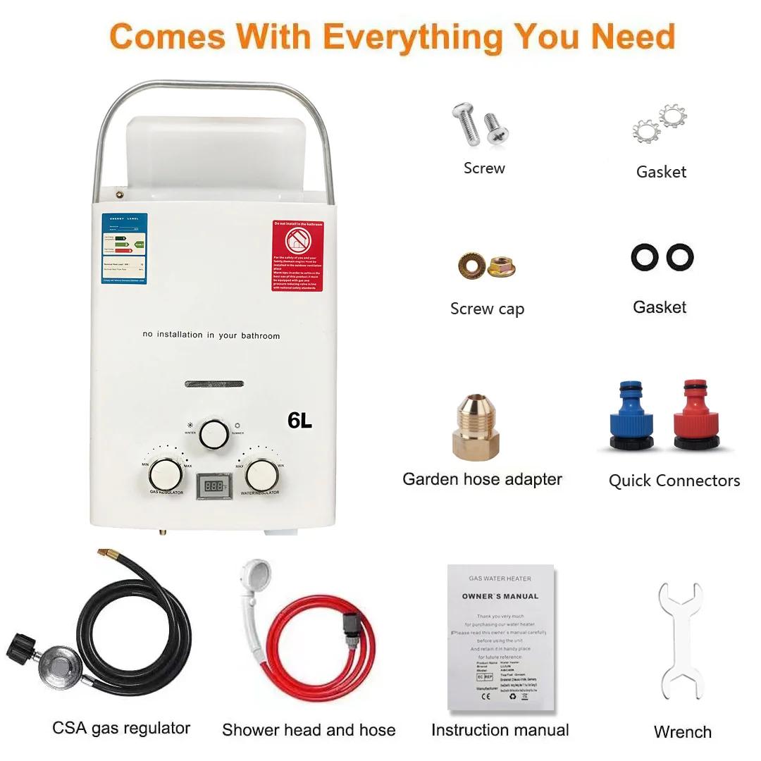 

LPG Propane Gas Tankless Water Heater 6L Outdoor Camping Instant Heating Bath With Shower Head Hot Water Heater Car Truck Tent білий