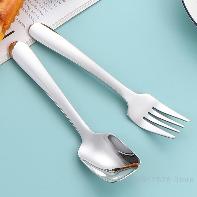 304 Stainless Steel Children's Spoon Fork Ice Cream Spoon Short Handle Square Head Spoon Spaghetti Salad Fork Student Tableware