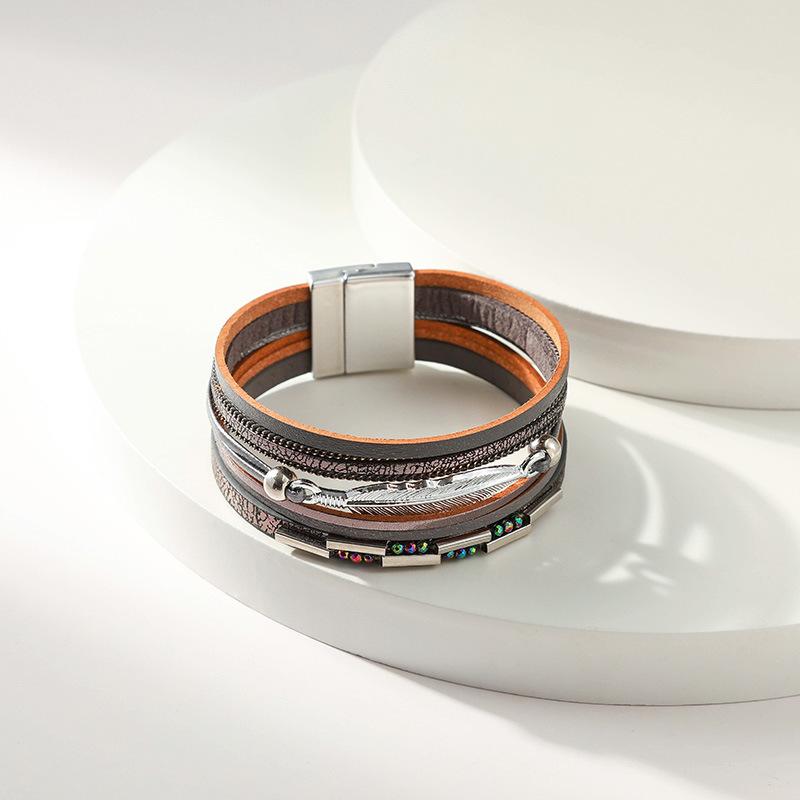 Bohemian Style Multi-layer PU Leather Bracelet Women's Leaf Magnet Buckle Jewelry Accessories