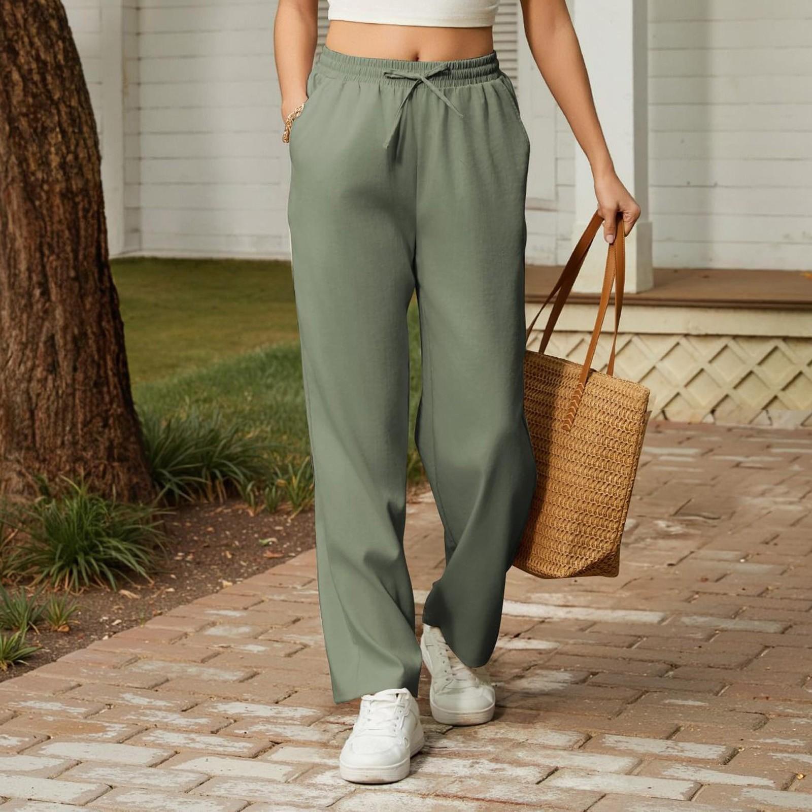 

Женские брюки с завязками на талии, эластичные, с высокой талией, повседневные брюки для тренировок L армия зеленый