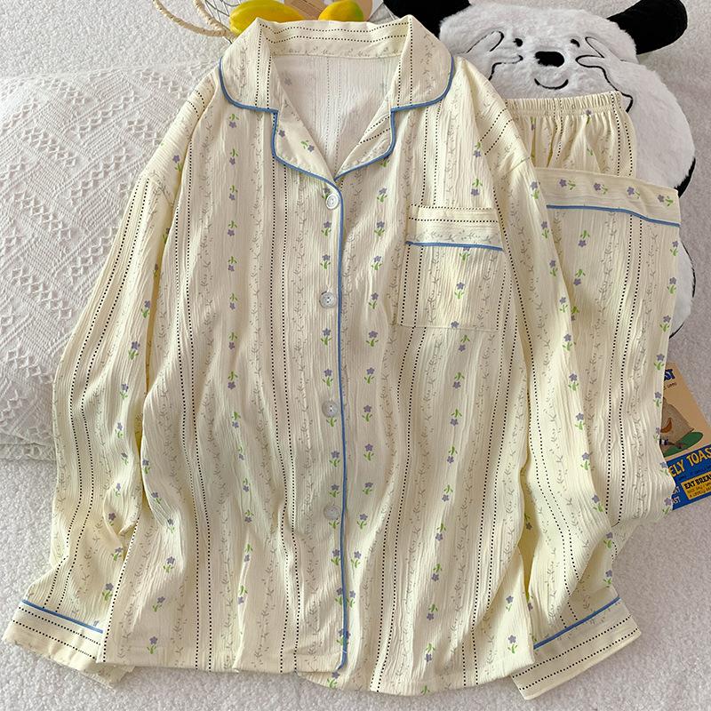 Chinese Antique Floral Women'S Pajamas Spring And Autumn New Long-Sleeved Lazy Loungewear Wrinkled Cloth Set Real Shot