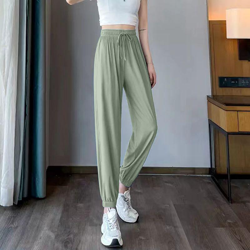 

Женские летние джоггеры из ледяного шелка с высокой посадкой: Свободные, драпирующиеся, повседневные брюки-фонарики S (80-95 catties)