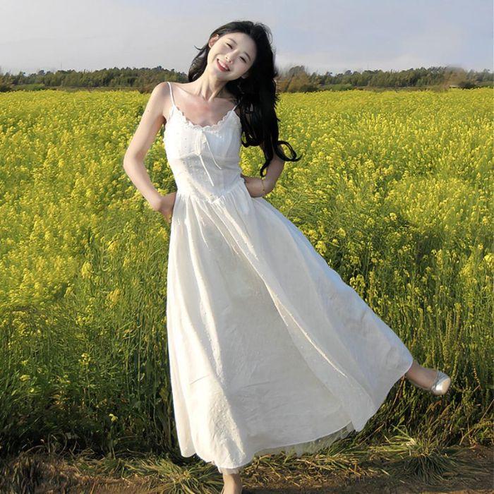 

Sweet White Lace Spaghetti Strap Slimming Summer Dress for Women Small білий