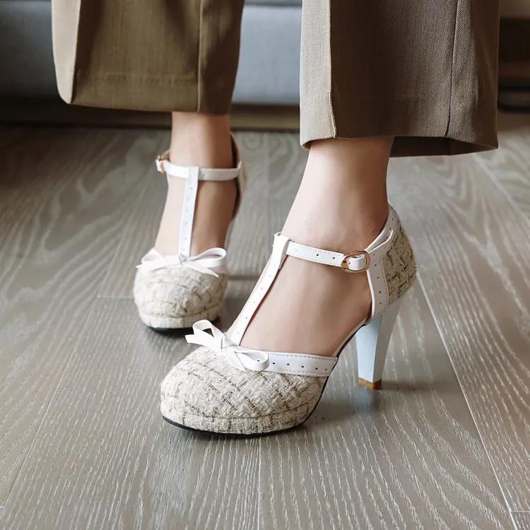 Fashion Fashion Spike Heel Women Pumps T-strap Round Toe Platform Shoes Female Buckle Strap Bowknot Party Pumps For Girlfriends