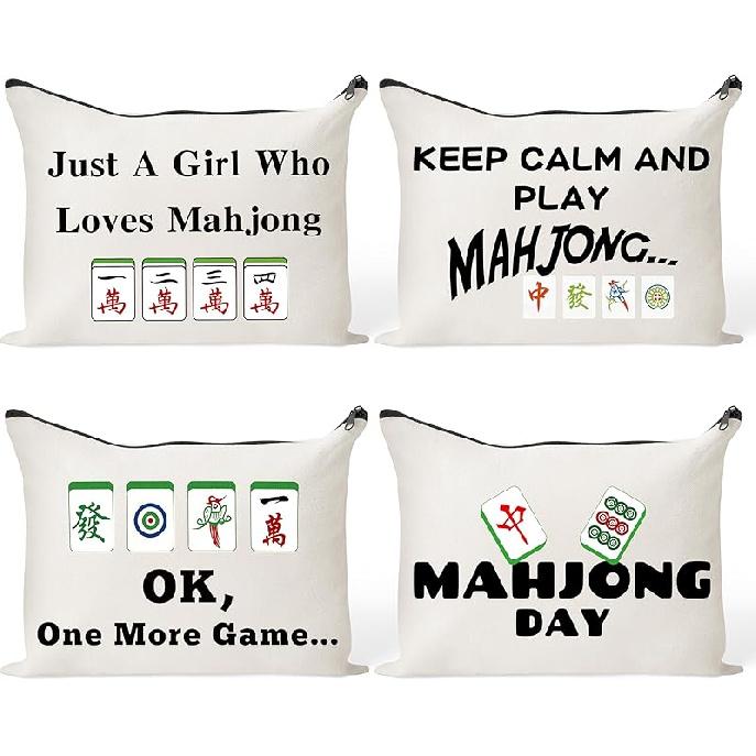 Забавная косметичка Маджонг - 4 шт. Счастливые плитки Маджонга Подарки Дорожный Органайзер на молнии для туалетных принадлежностей Косметичка Пенал Сумка для женщин Любителя настольных игр Mahjong Day 4Pcs