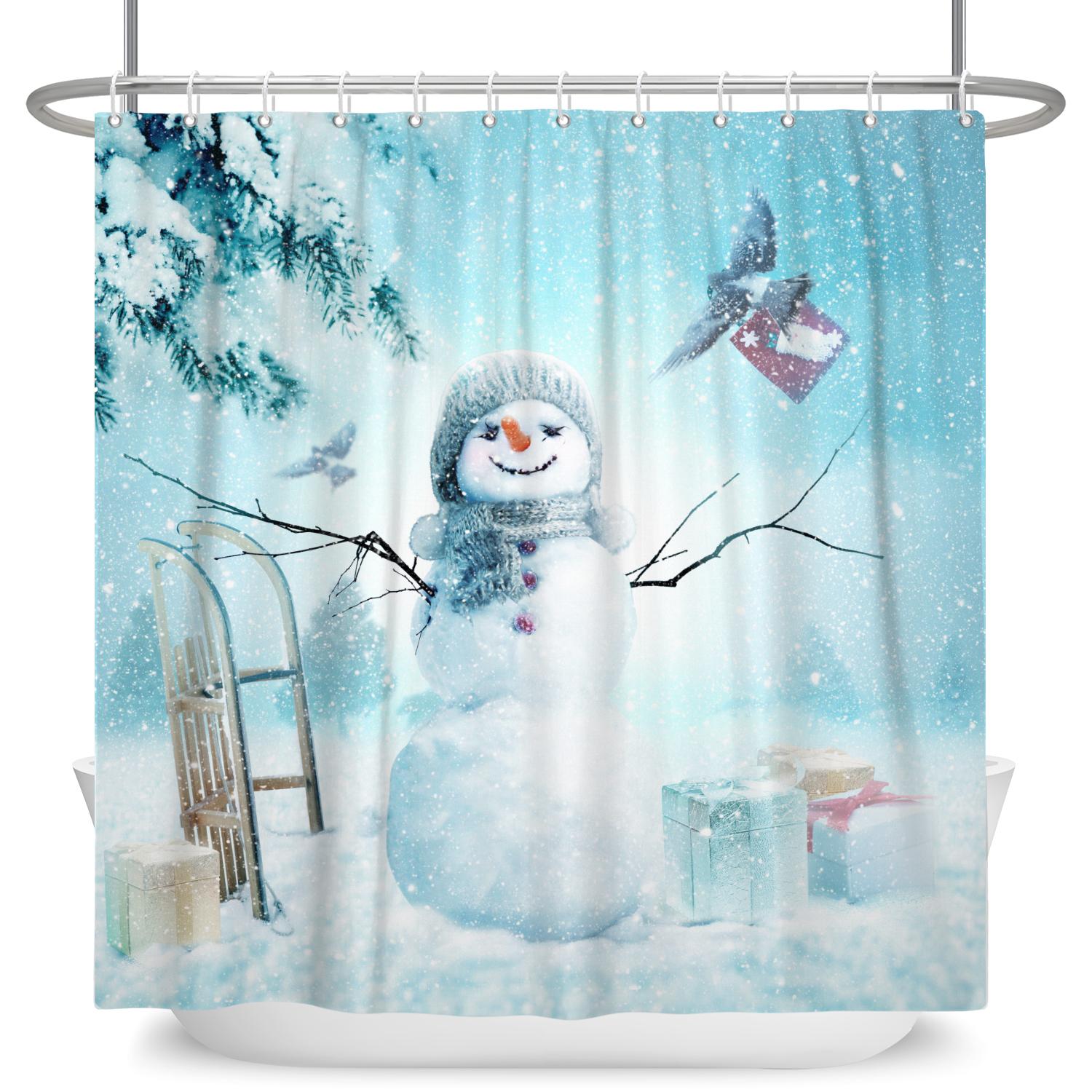 

2025 Merry Christmas Shower Curtains Winter Snowman Gingerbread House Xmas Trees Fireplace Waterproof Bathtub Screen with Hooks 90x180cm