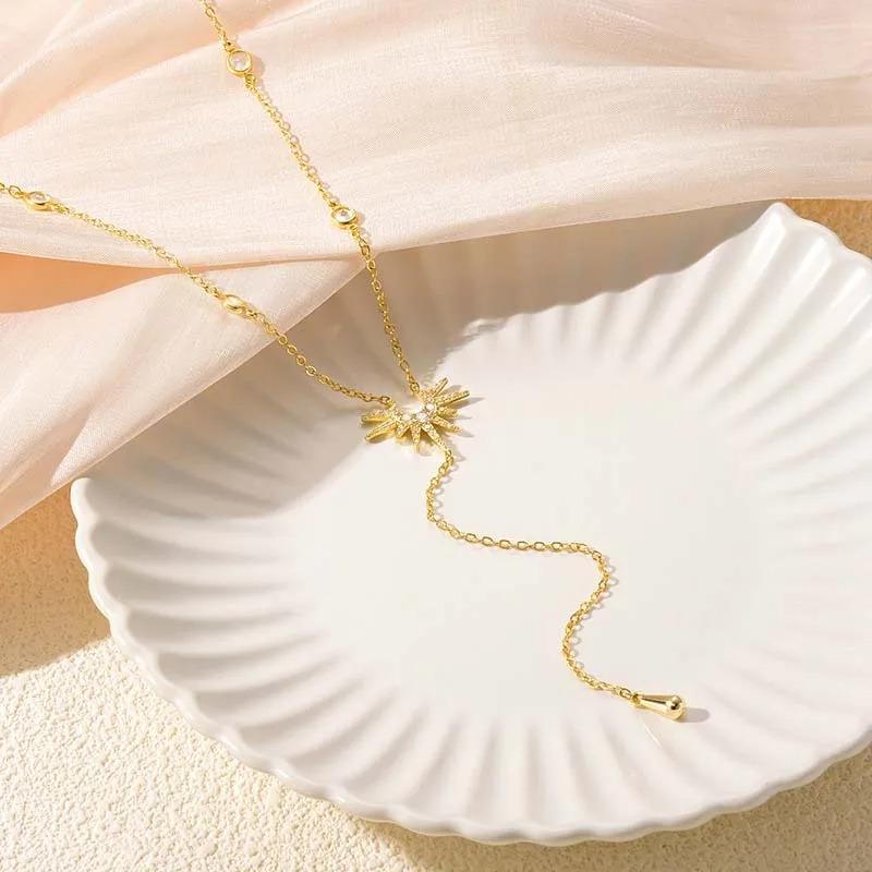 Stainless Steel Y-Shaped Pendant Necklace for Women Girls Elegant Gold Tone Cubic Zirconia Long Tassel Party Jewelry Gifts