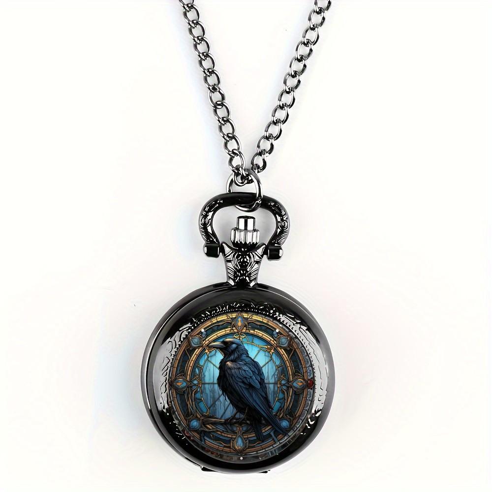 Unique Vintage Black Crow Mini Quartz Pocket Watch,Necklace Pendant With World Time Feature, Ideal Gift For Men & Women and Kids