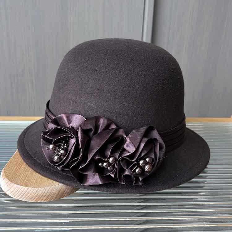 European And American Xiaoxiangfeng Satin Flower Fashion Hat, Small Edge Autumn And Winter Dome Thermal Basin Hat, Women'S Wool Woolen Top Hat
