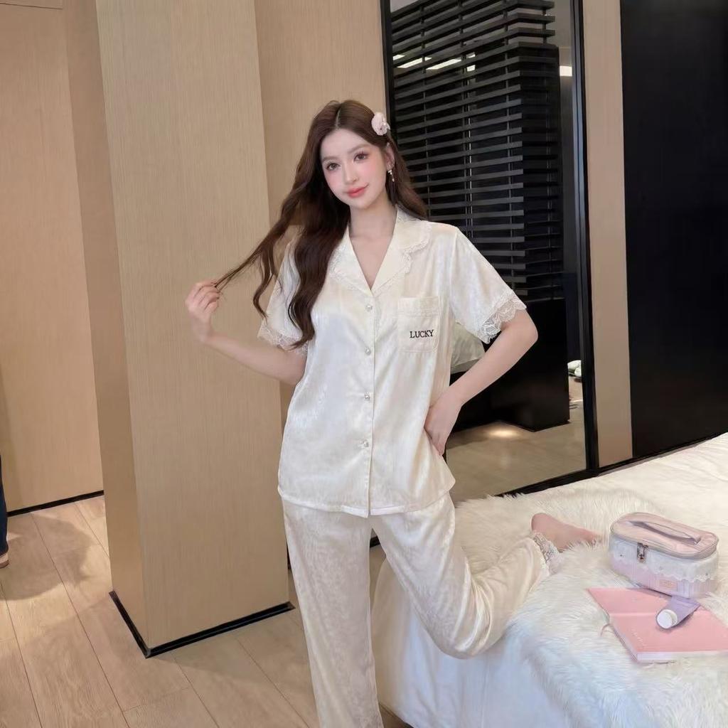 Ice and snow silk pajamas women's suit 1011 spring and summer new lapel short-sleeved trousers minimalist loungewear thin