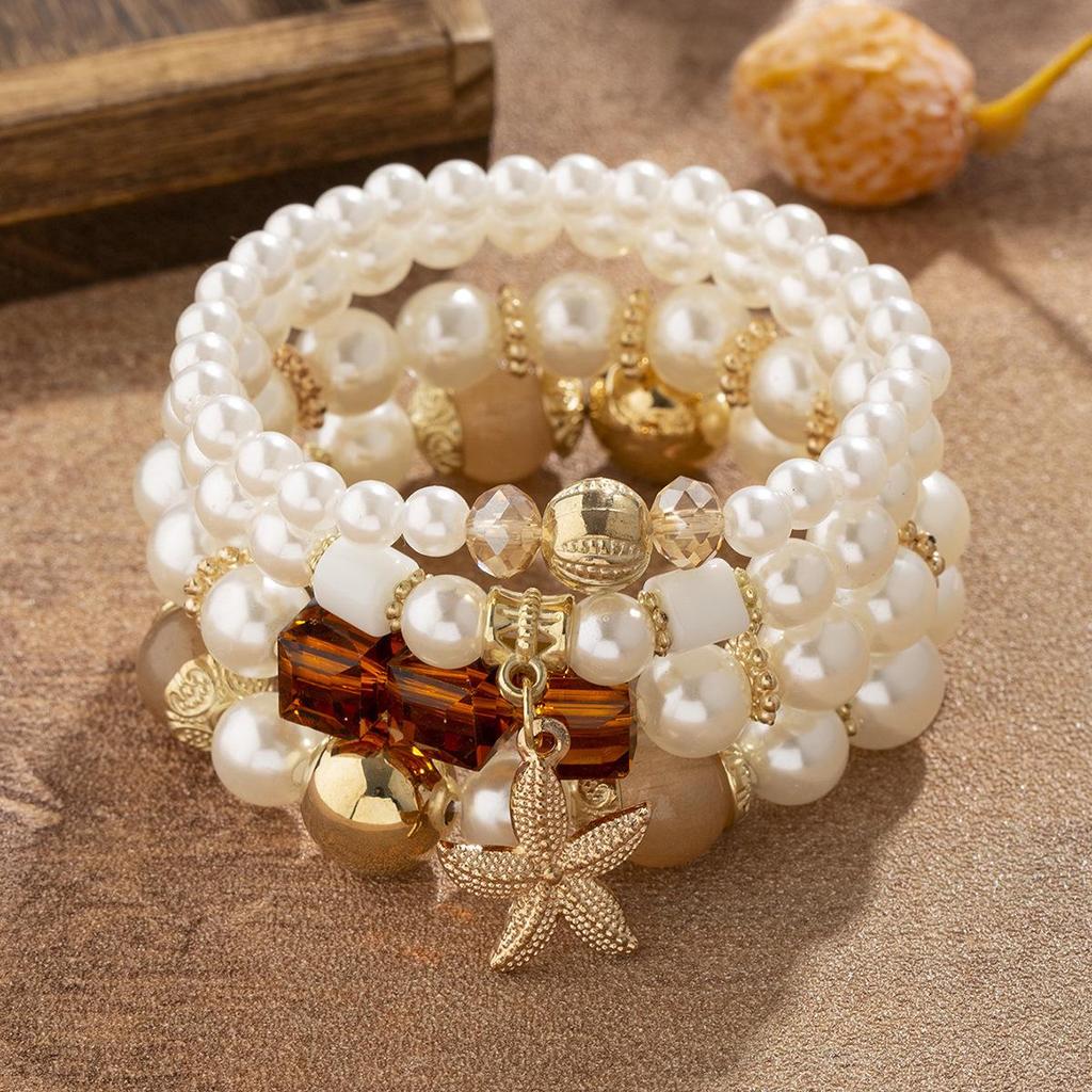 European Bohemian Beaded Bracelet Set with Starfish Pendant and Crystal Faux Pearl