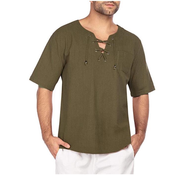 Men's Summer Comfortable Short Sleeve Linen T-Shirt Fashion Casual Solid Loose Fit Lace Up Top