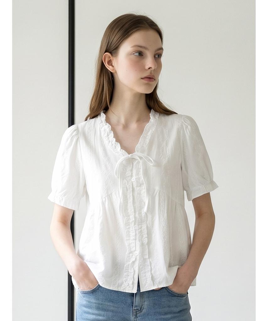 Poebeo21 Frill-Trimmed Ribbon Short Sleeve Blouse (Ftdbbl044)