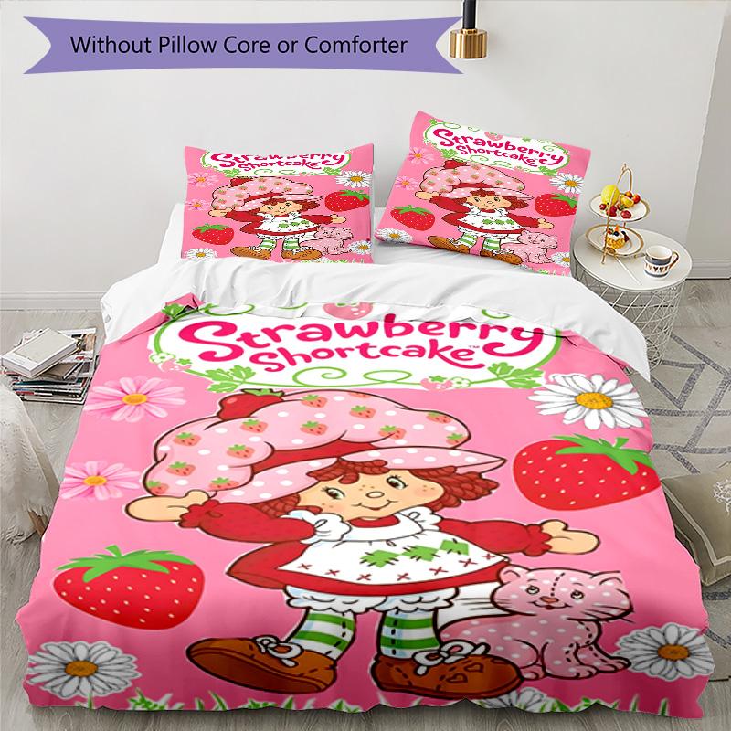 3pcs Princess Strawberry3 Design Cover Set - HD Printed Bedding with 1 Cover and 2 Pillowcases - Perfect for Home and Dorm Decor