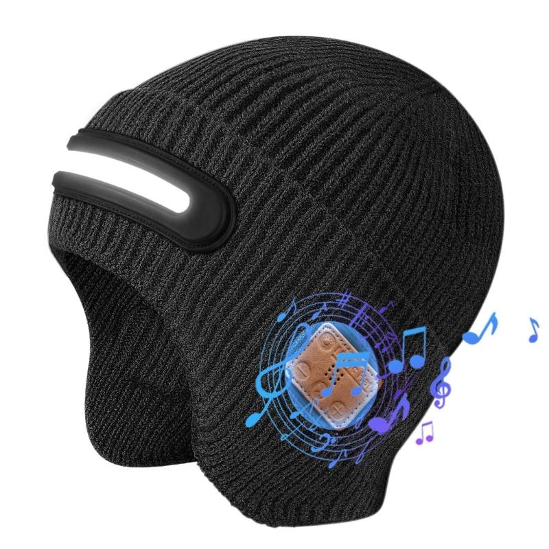 Warm Acrylic Fibre Skull Cap Knit Hat with LED Light and Music Player Design for Adult Nighttime Safety Outdoor Activity