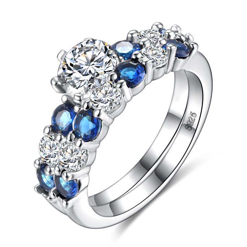 Hoyon Luxury Sapphire Blue Gemstone Zircon Ring Set For Couple Imitation Main Diamond Blue Tip Ring Women 'S Jewelry Free Ship