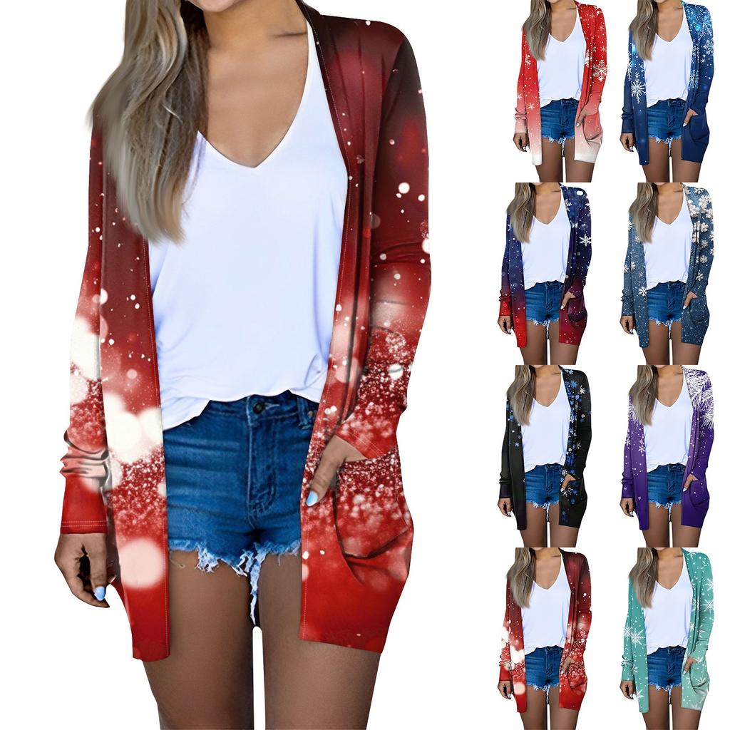 Women's Fashion Casual Christmas Printed Mid-Length Cardigan Long Sleeve Jacket