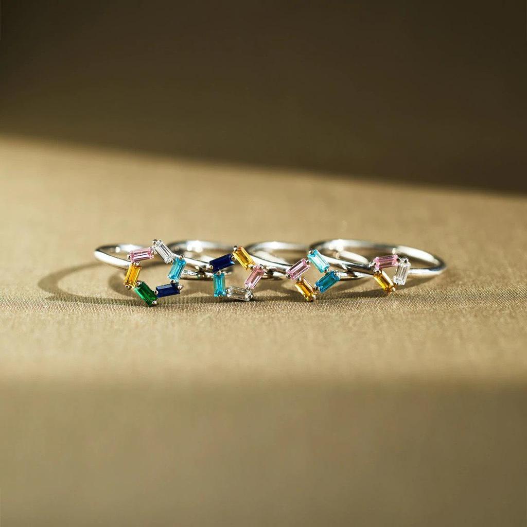European & American Style S925 Sterling Silver Rectangular Ring with 3-6 Diamond Options