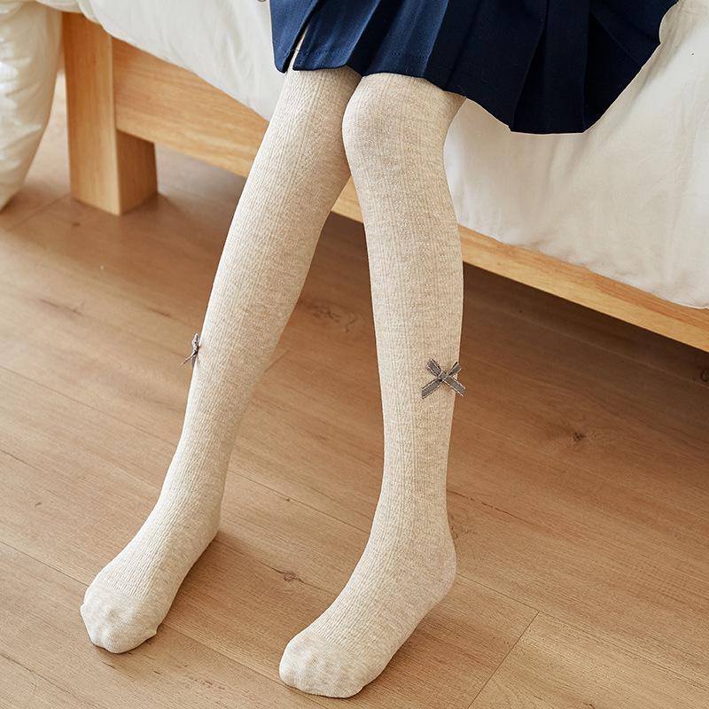Kids' Winter Plus Velvet Thickened Knit Tights with Bow - Combed Cotton Cable Knit