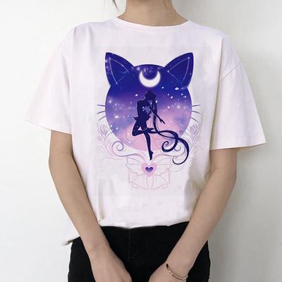 Sailor Moon 90s Funny T-Shirt Harajuku Clothes Tshirt Aesthetic Cat Anime Women Cute Female T