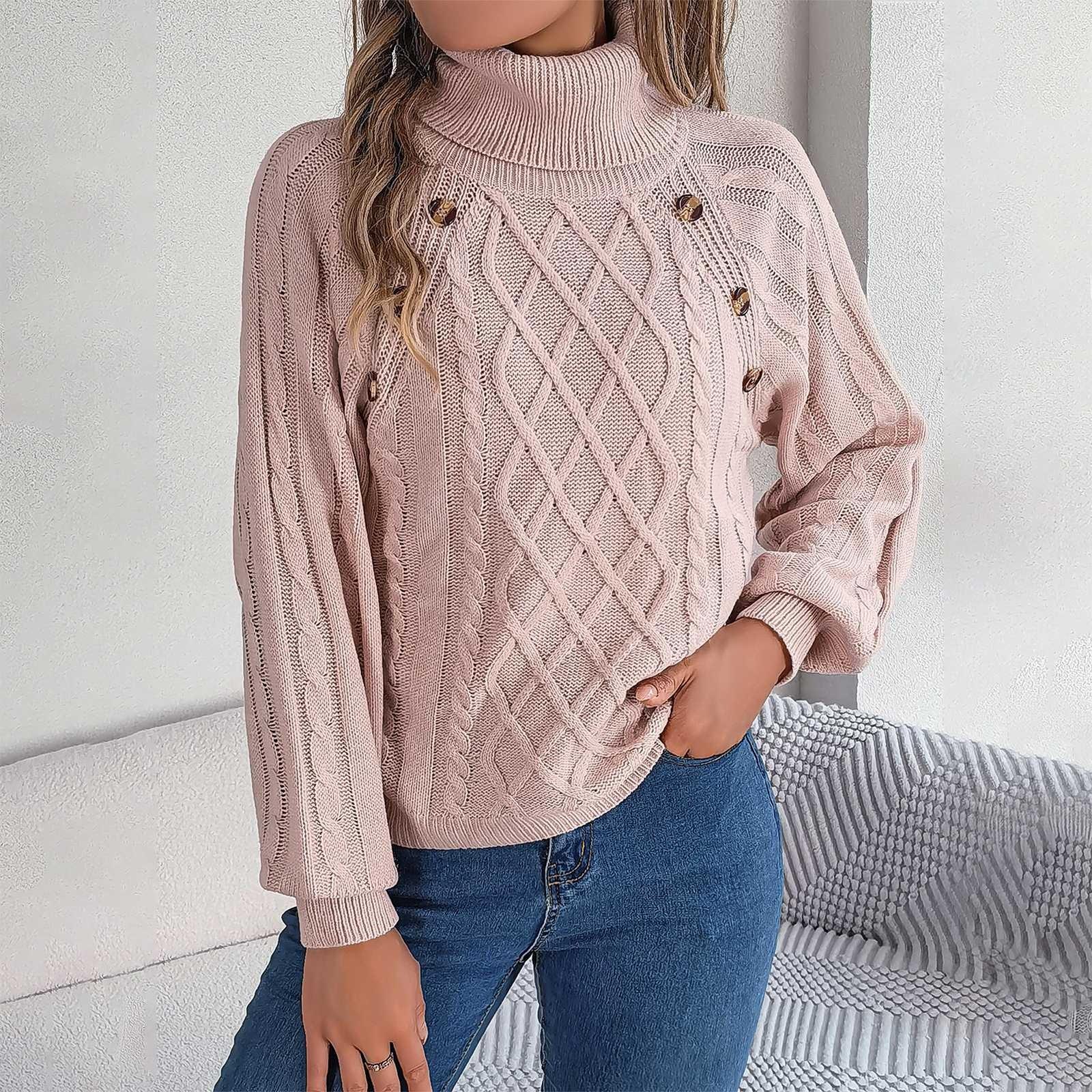 

Женская мода повседневная свободная водолазка на пуговицах однотонный длинный рукав свитер пуловер топ XL розовый