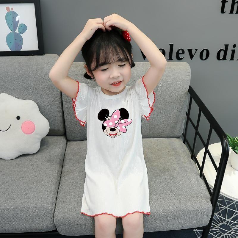 Girls Summer Ice Silk Short Sleeve Cartoon Nightgown Lightweight Pajama Dress for Toddlers and Kids