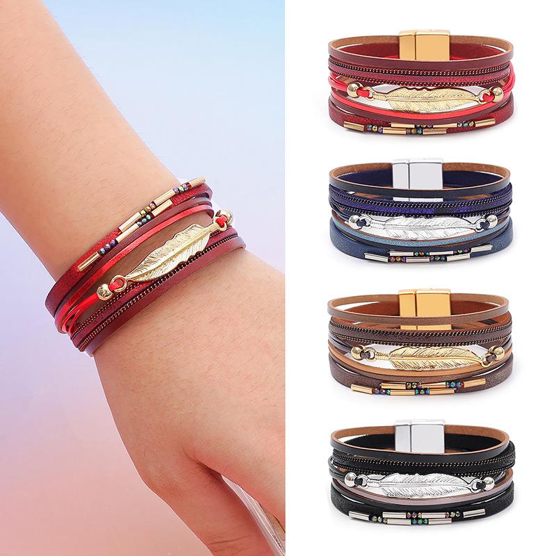 Bohemian Style Multi-layer PU Leather Bracelet Women's Leaf Magnet Buckle Jewelry Accessories