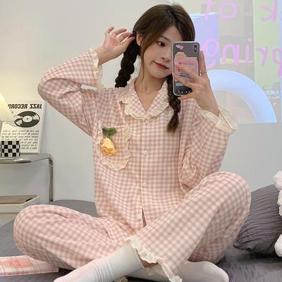 Pijamas de Encaje de Manga Larga para Primavera para Mujer Conjunto de Ropa de Casa para Niñas Estudiantes Viento Dulce Lindo Pijamas Sueltos Conjunto de Ropa de Casa