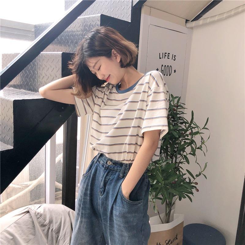 Ladies Summer Cute Striped Short Sleeve Loose Casual Short Sleeve