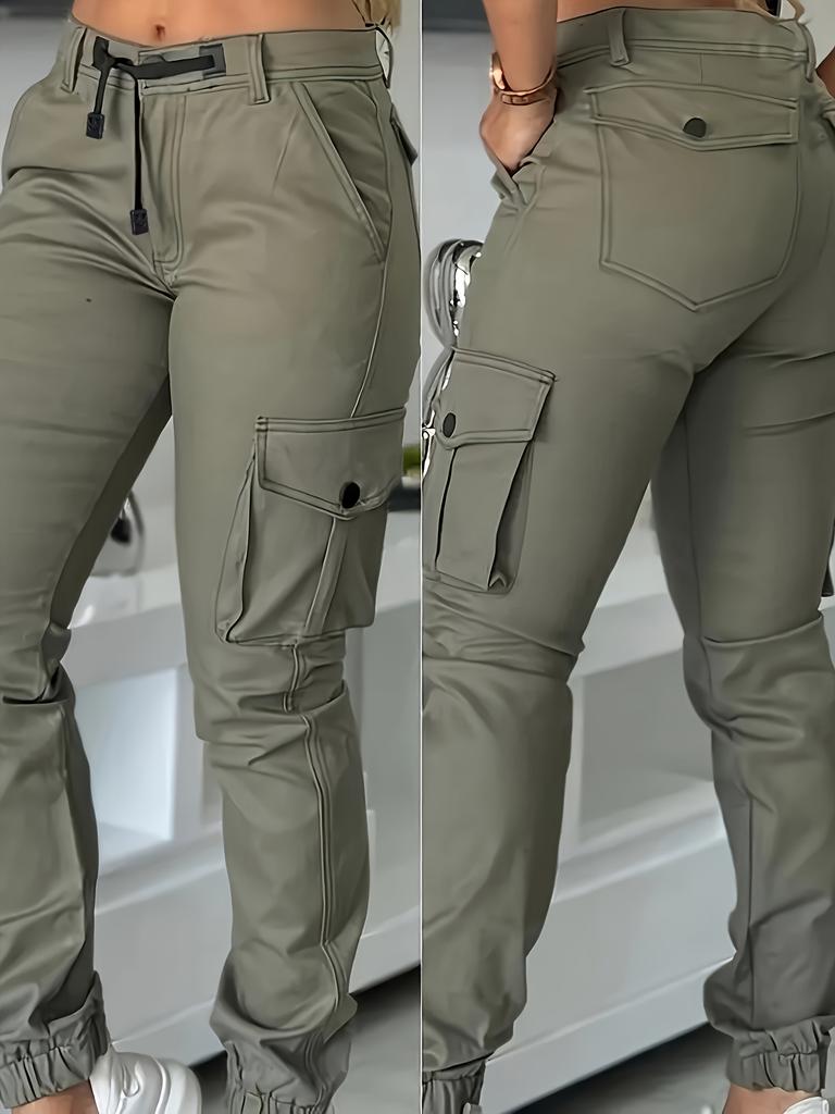 Women'S Casual Olive Green Cargo Pants - Long Length, Drawstring Waist, Multiple Pockets, All-Season Comfort, Casual Attire|Drawstring Waistband