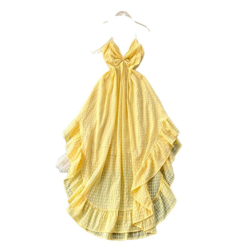 Frühlings- und Sommeratmosphäre Damen V-Ausschnitt Gedrehtes Neckholderkleid mit Unregelmäßigen Rüschen