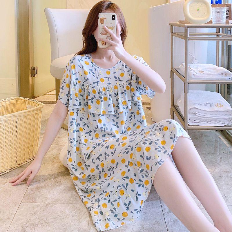 Sleeping Dress for Women In Summer Thin Cotton Silk Short Sleeved Without Chest Pad Home Clothing Knee Length for Outdoor Wear Dress