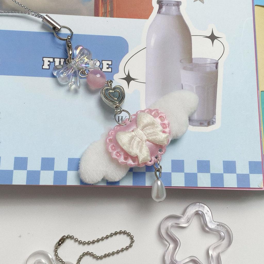 Cute Pink Fur Angel Wing Phone Strap Keychain With Bow Charm Unique Bag Decoration For Girls Lolita Style Accessories