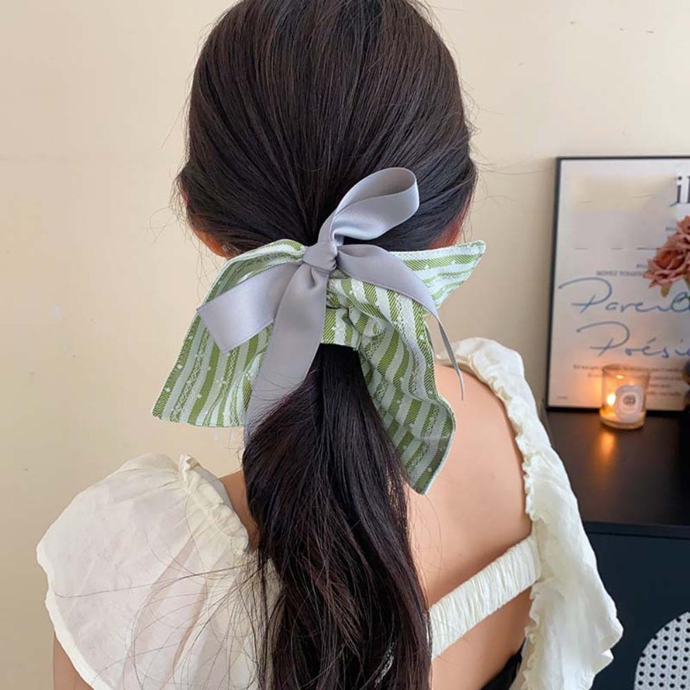 Bow Plaid Silk Ribbon Scrunchies Elastic Women Ponytail Holder Square Cloth Hair Tie Daily