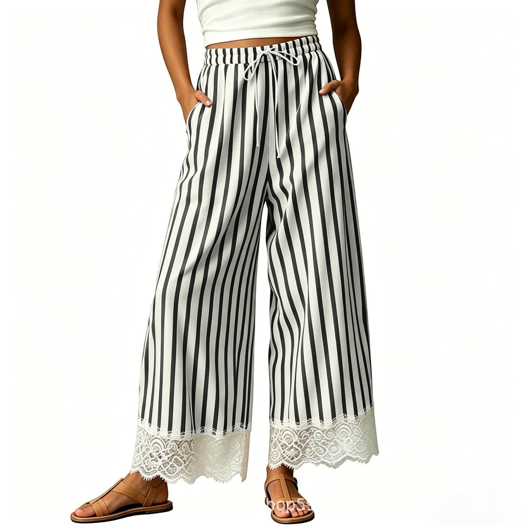 Women's Cotton Striped Wide Leg Pants, Length Loose Fit Casual Pull- with Elastic Waist and Lace Trim