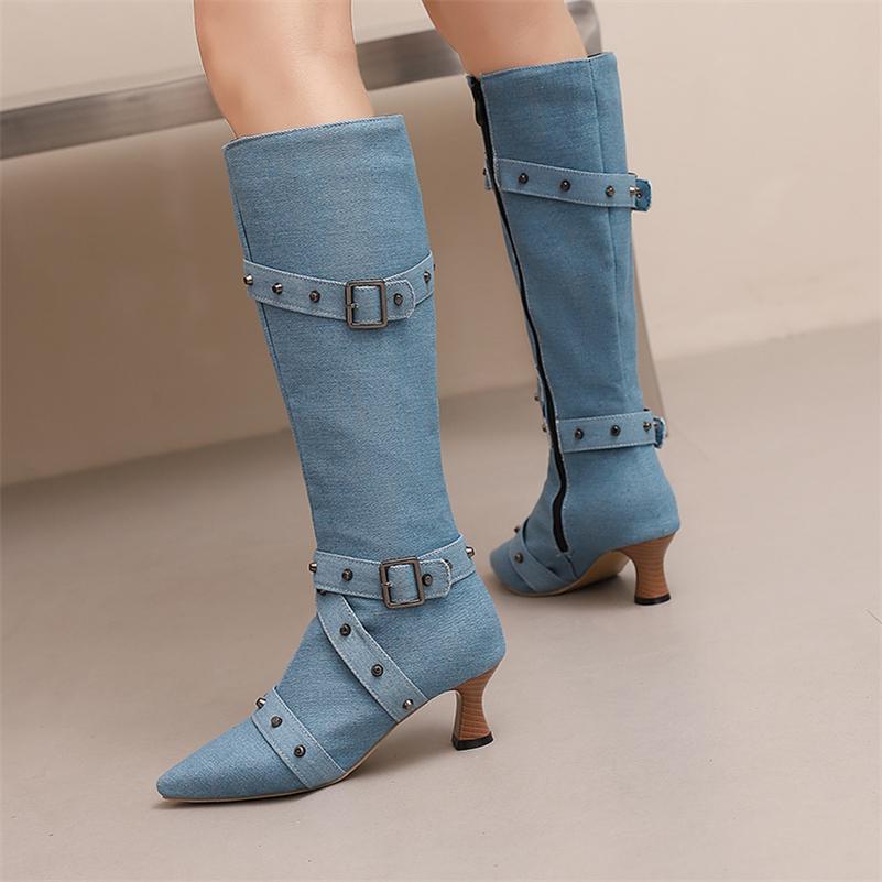 FOREADA Women Knee High Boots Pointed Toe Kitten High Heels Rivets Buckle Zipper Long Boots Ladies Fashion Shoes Winter 46