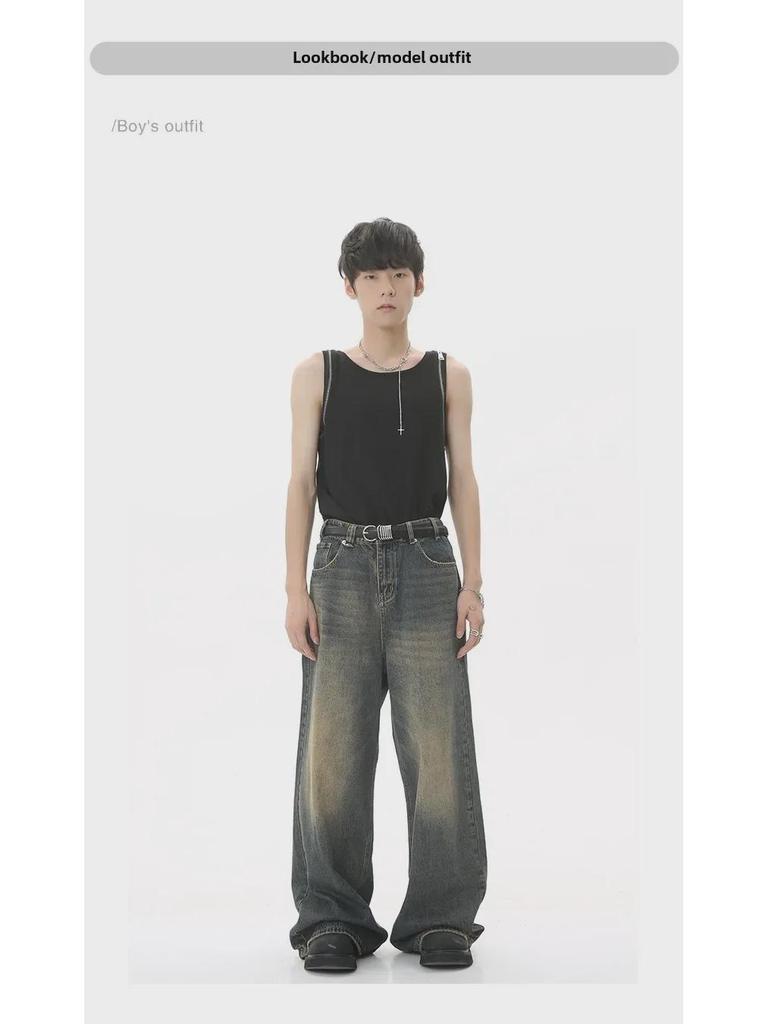 2024 Unisex Retro Hong Kong Style Loose Wide-Leg Mopping Jeans