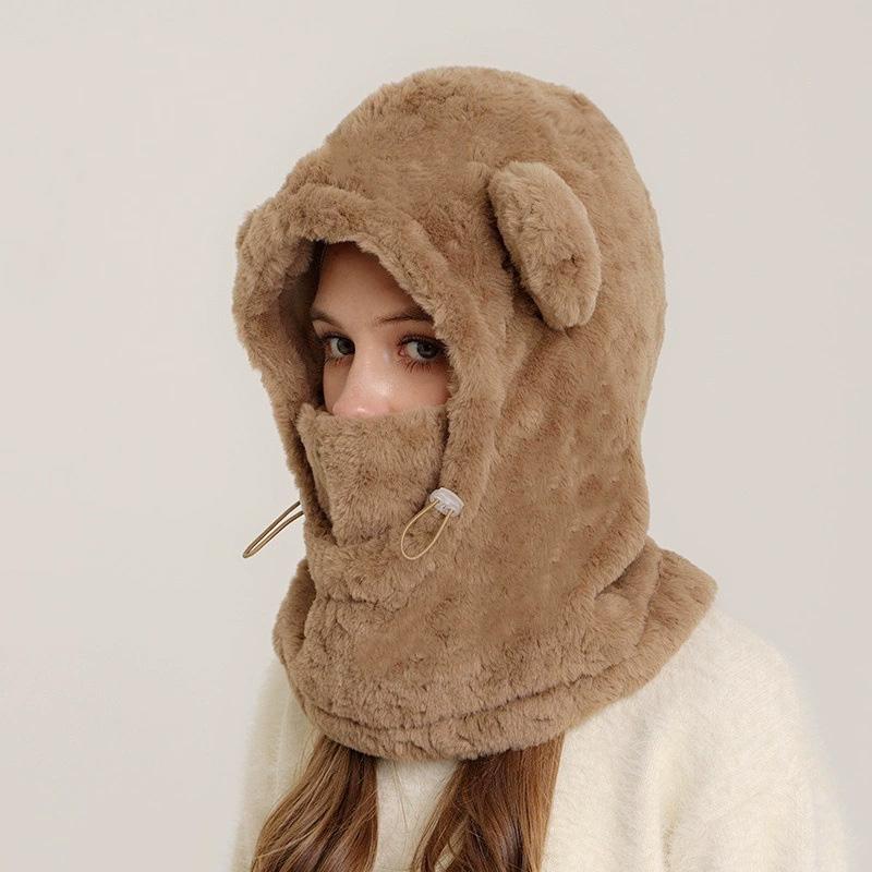 1Pc Bear Shaped Winter Lei Feng Hat Warm Integrated Thicken Scarf Fleece-lined Plush Hat Mask