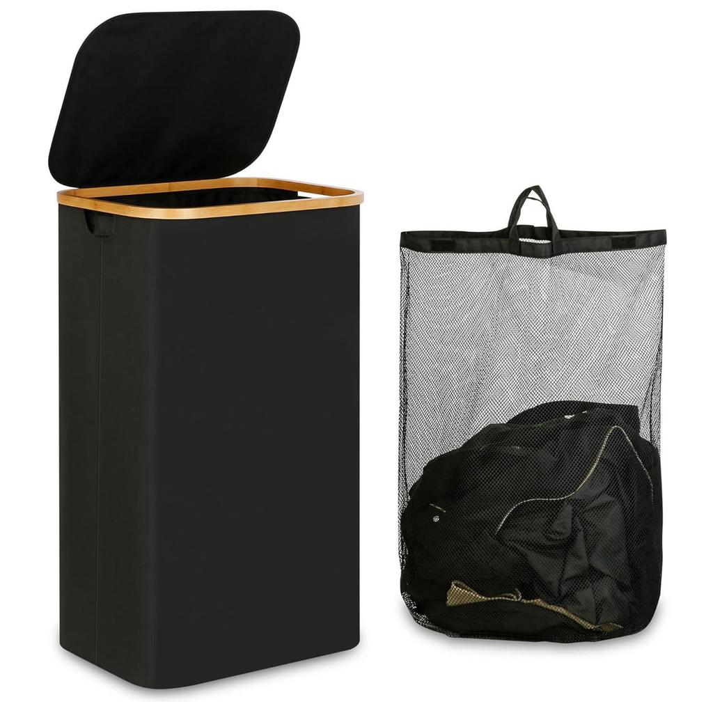 100L Slim Laundry Hamper with Lid Dirty Clothes Basket with Removable and Washable Inner Bag Foldable for Bathroom Bedroom Dorm