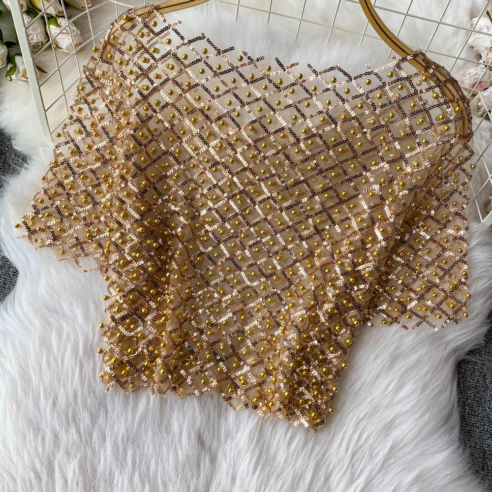 Chic Vintage Hollow Out Sequin Backless Elegant Fashion Sexy Shirt High Street T Shirt Summer Women Blouse Women